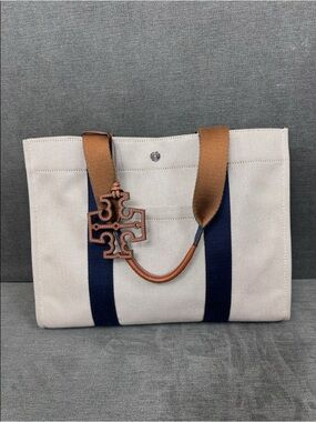 Tory Burch Tory Tote Bag Canvas Navy Stripes Leather Handles